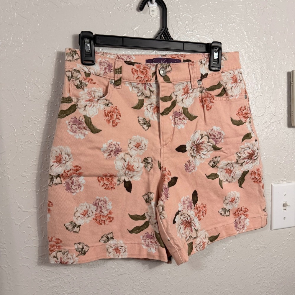 Gloria Vanderbilt Amanda Floral Denim Shorts Peach Pink High Rise Size 6